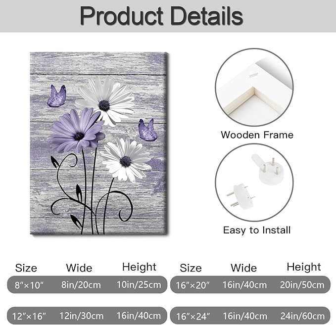 MYUSRE Farmhouse Purple Floral Wall Art for Living Room,White Daisy and Purple Butterfly on Rustic Wood Canvas Wall Art Country Flower Pictures for Bedroom Bathroom Office Wall Decor, 16L X 12W inches