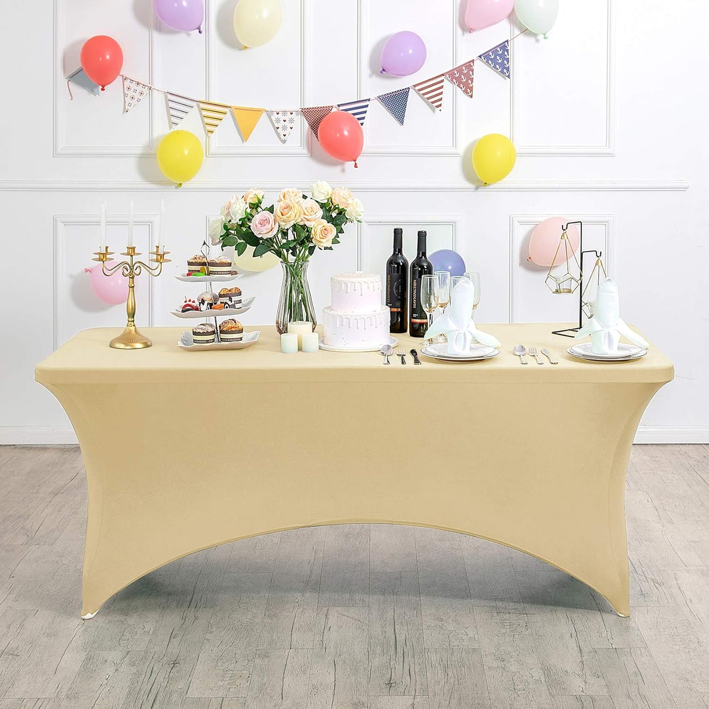 Spandex Table Cover for 8FT or 4ft or 6ft Table Universal Fitted Stretch Tablecloth for Party, Banquet, Wedding and Events-Champagne