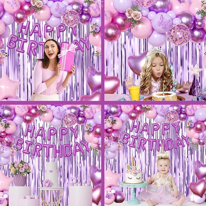 Purple Pink Birthday Decorations, Metallic Magenta Purple Lavender Balloons Confetti Foil Balloons Happy birthday Banner Butterfly Fringe Curtains Birthday Decorations for Women Teens Girls