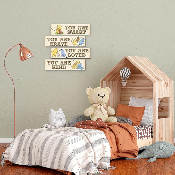 BirtDerr Winnie Room Decor- the Pooh Sign-Wooden Baby Stuff-Vintage Nursery Decor-4PCS Wall Decor Wall Art(Classic)-You Are Kind Brave