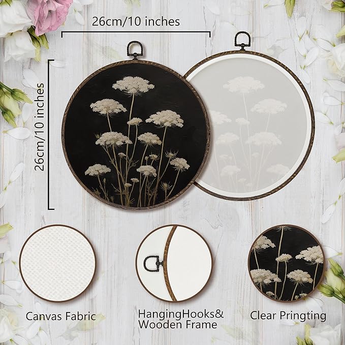 XNXLDYLH Vintage Dark Moody Botanical Round Framed Wall Art Decor, Gothic Dark Cottagecore Academia Antique Hanging Wall Decor Decorations, Rustic Floral Canvas Prints Wall Art Paintings, 10x10 Inches