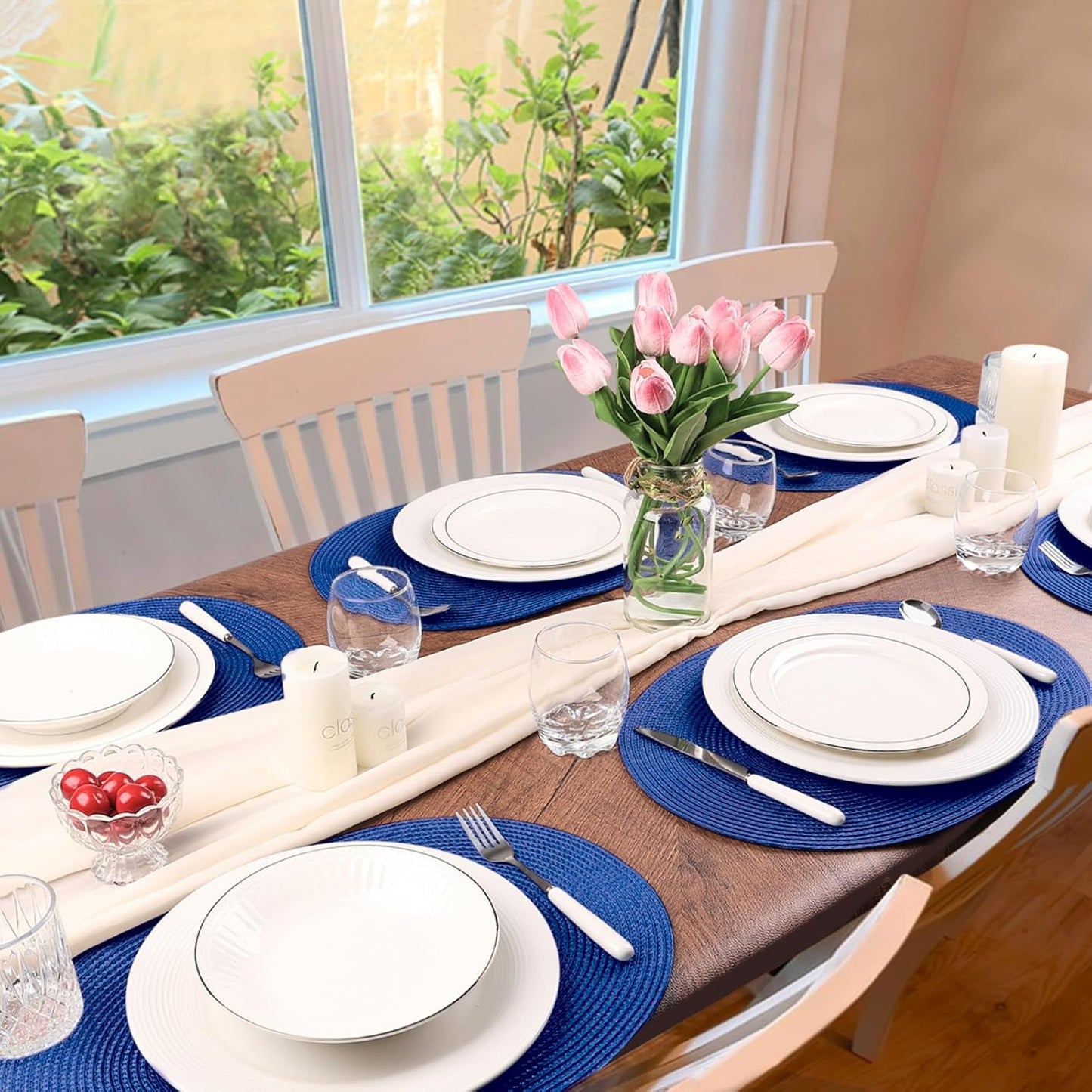 AHHFSMEI Placemats Set of 4 for Dining Table Washable Woven Vinyl Non-Slip 18x12 inches Placemat Heat-Resistant Durable Table Mats for Dining Table Easy to Clean(Navy Blue 4)
