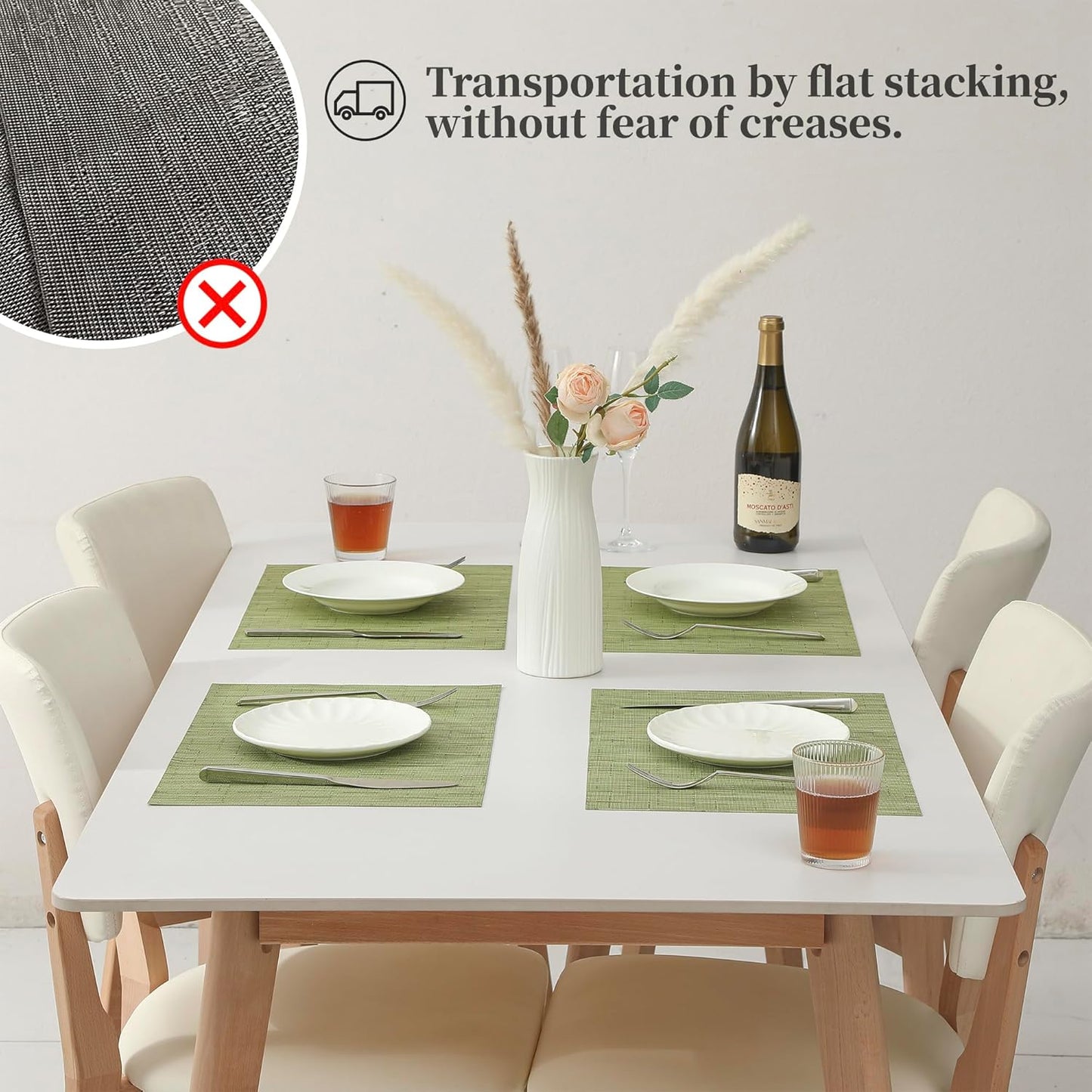 Leetaltree Pea Green Placemats Set of 6 - Heat Resistant Non-Slip Place mats for Dining Table, Washable Durable PVC Vinyl Woven Table Mats(Pea Green, 6)