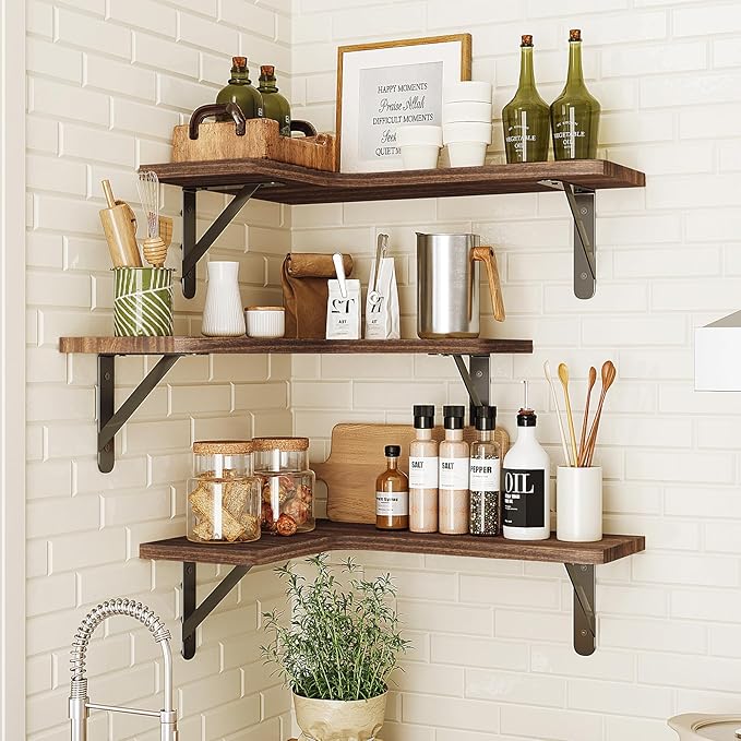 Fixwal Floating Shelves for Wall, Rustic Wood Wall Mounted Corner Shelf for Bathroom, Kitchen, Bedroom, Home Decor, Laundry Room, Living Room, Set of 5 (Dark Carbonized Black)