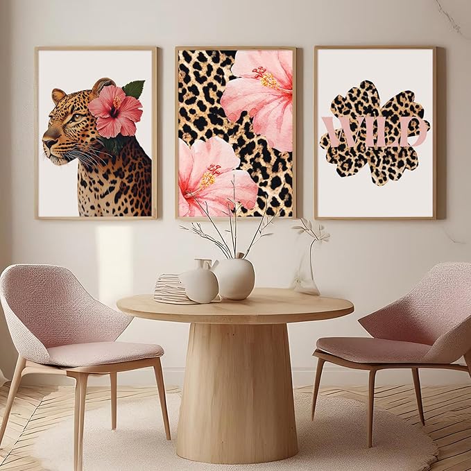 Trendy Leopard Wall Art Pink Cheetah Print Room Decor Leopard Flower Canvas Wall Decor Cheetah Aesthetic Poster Girly Pink Preppy Picture Funky Y2k Artwork for Girl Bedroom 12x16x3 Inch Unframed