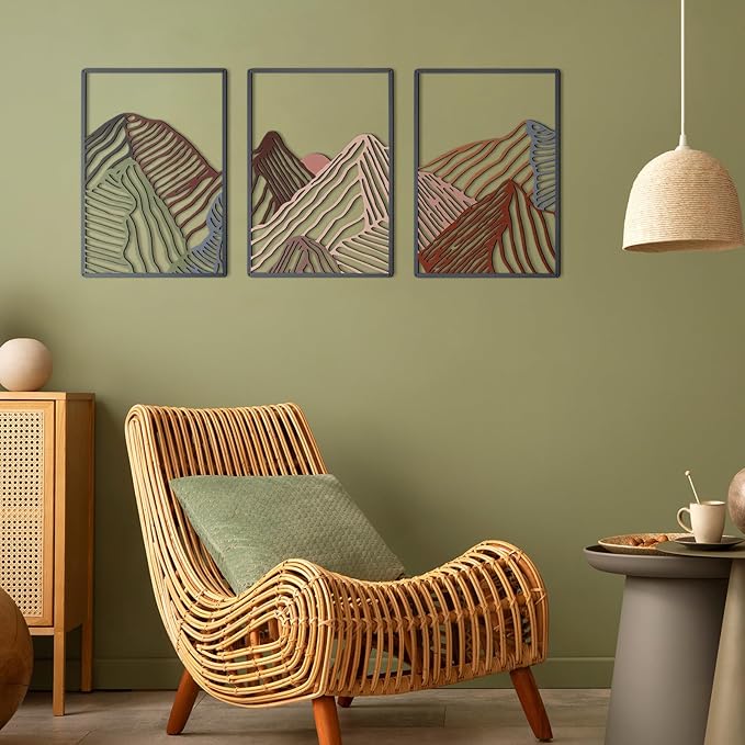 Peryiter 3 Pcs Metal Wall Art Decor Landscape Mountain Wall Hanging Decor for Living Room Abstract Minimalist Modern Mountain Line Pictures Bathroom Office Home Gifts Indoor(Colorful)