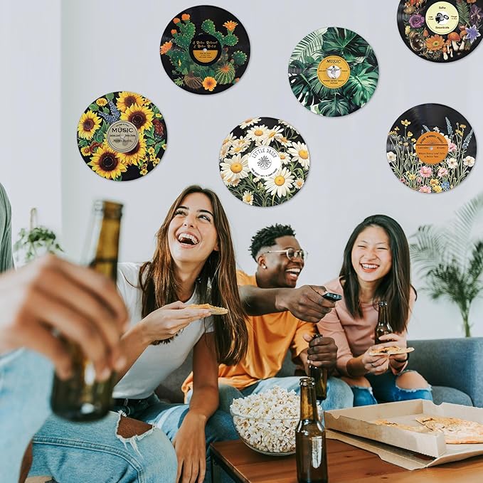 Chunful 6 Pake 12 Inch Vintage Records Wall Decor Aesthetic Retro Record Wall Decor for Dorm Bedroom Living Room Art Display Rock and Roll Music Hippie Party Records Decorations(Botanical)