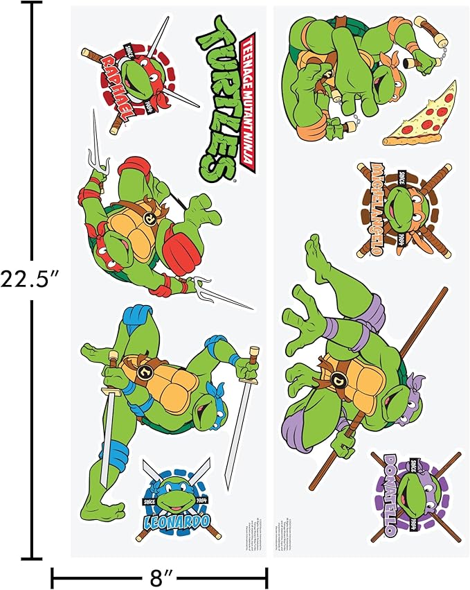 Teenage Mutant Ninja Turtles Wall Decals - Set of 10 TMNT Vinyl Wall Sticker Bedroom Decorations - Peel and Stick Room Decor Red Green Blue Purple