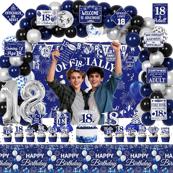Mpanwen 18th Birthday Decorations for Boys, 113 Pcs Blue Official 18 Year Old Bday Party Decor Supplies for Boy Men with Backdrop, Banner, Tablecloth, Centerpieces, Hanging Swirls, Hat, Wall Signs