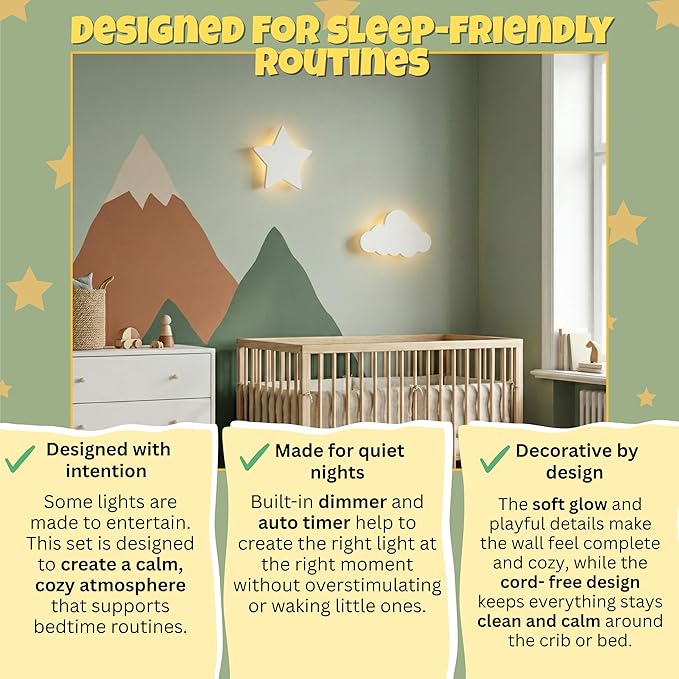 Cloud & Star Wall Lights 2 Pack Dimmable & Rechargeable Nursery Lights for Kids & Baby Room Decor White Made for Bedtime Routines (Star Decals Included)