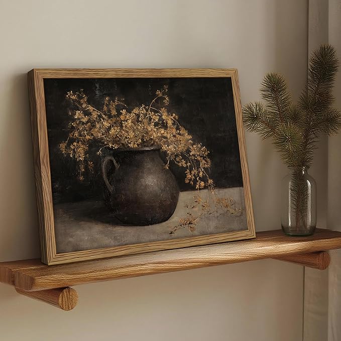Vintage Dark Framed Wall Art, Farmhouse Floral Autumn Painting, Cottagecore Botanical Vase Wall Decor, Country Cottage Pictures Aesthetics Canvas Print for Living Room Bedroom – 12x16 inch