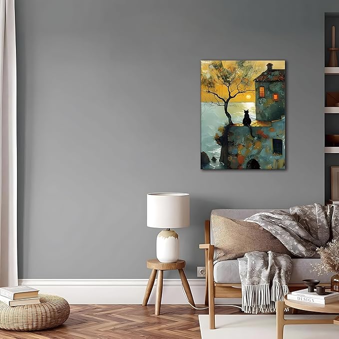 Framed Cat Watching Sunset Wall Art, Black Cat Silhouette Canvas Print Picture, Vintage Coastal Landscape Oil Painting Style, Cat Wall Decor for Living Room Bedroom 12x16 Inch