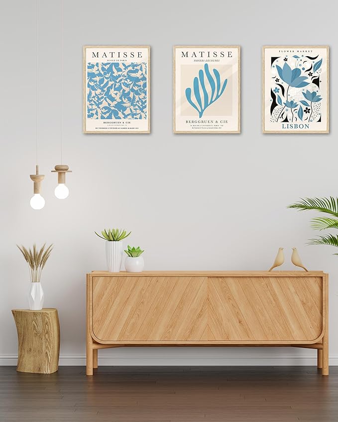 KensTro 12x16 Set of 3 Natural Oak Wood Picture Frame with 3 Blue Prints,12x16 Minimalist Natural Solid Wooden Picture Frames for 12"x16" Posters,Wall Art,Photos,Prints,Paintings