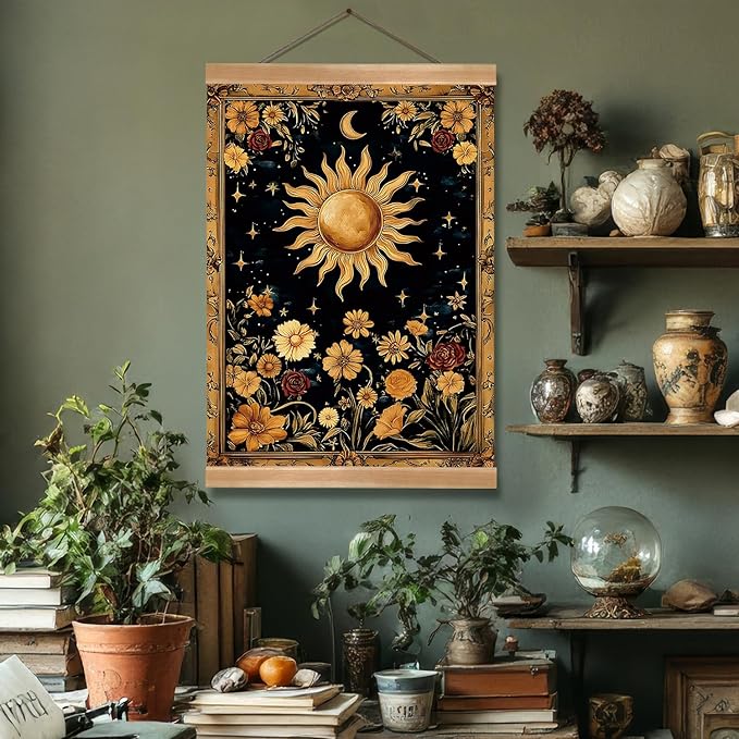 ZTGDA Sun and Moon Wall Art Decor– Vintage Hanging Wall Painting Abstract Poster with Solid Wood Frame, Boho Wall Decor,Mystical Celestial Floral Poster for Bedroom, Office(Sun)