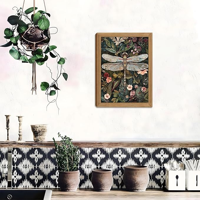 Framed Vintage 3D Textured Wall Art - Dark Green Dragonfly Flowers Wall Decor - Hand Drawn Sandstone Nature Botanical Pictures for Living Room Bedroom Home Decor 12x16in