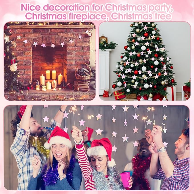 Patelai Glitter Star Garland Banner 2026 Graduation Decor 130 Feet Star Hanging Banner Twinkle Backdrop for Party Birthday Classroom Wedding Supplies(Iridescent Pink)