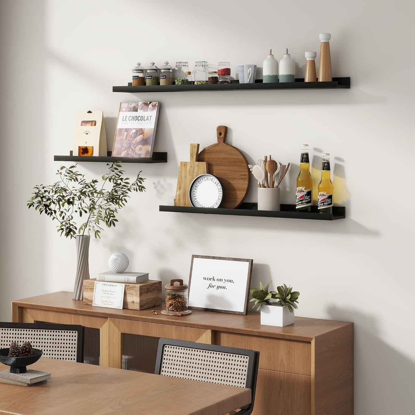Picture Ledge Wall Shelves - 16 Inch Width Set of 3, Solid Pine Wood Rustic Floating Ledge Shelves for Kids' Room, Bedroom, Kitchen, Bathroom, Living Room, Nursery Display Decor, Black