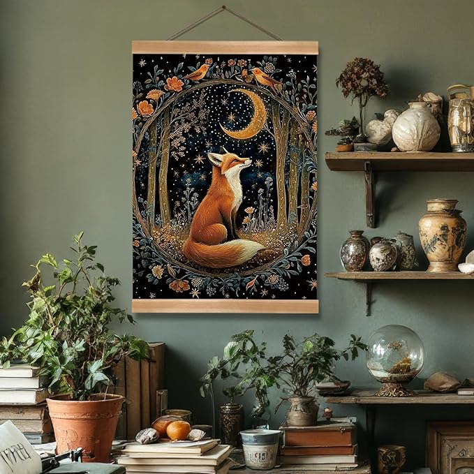 William Morris Abstract Wall Art Decor,Vintage Fox Design Poster, Vintage Hanging Wall Painting Animal Buck Art, Mid-Century& Dark Academia Decor, Gothic Canvas Poster for Oficce and Home(Fox-2)