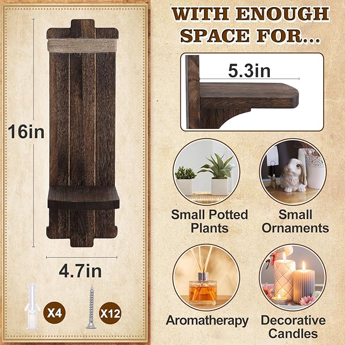Farmhouse Wall Decor Candle Sconces - 2 Pcs Vintage Rustic Handmade Wooden Wall-Mount Candle Holders for Bedroom Living Room Bathroom Home Hanging Art Decorations Accessories Gifts, Brown