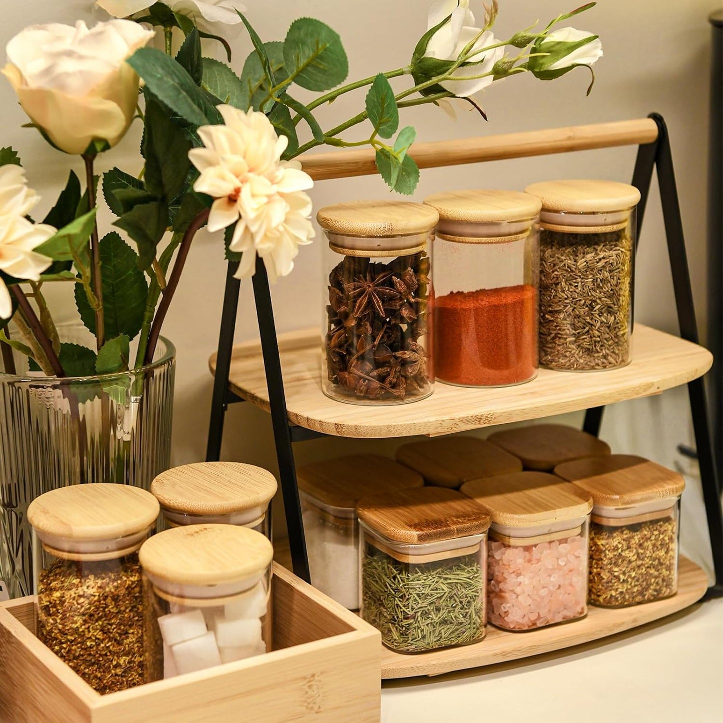 6oz Glass Food Storage Jars, Glass Jars with Bamboo Lids, Kitchen Storage Jars, Set of 6, Canisters with Airtight Lids for Spice, Coffee, Cookie, Pantry Organizers