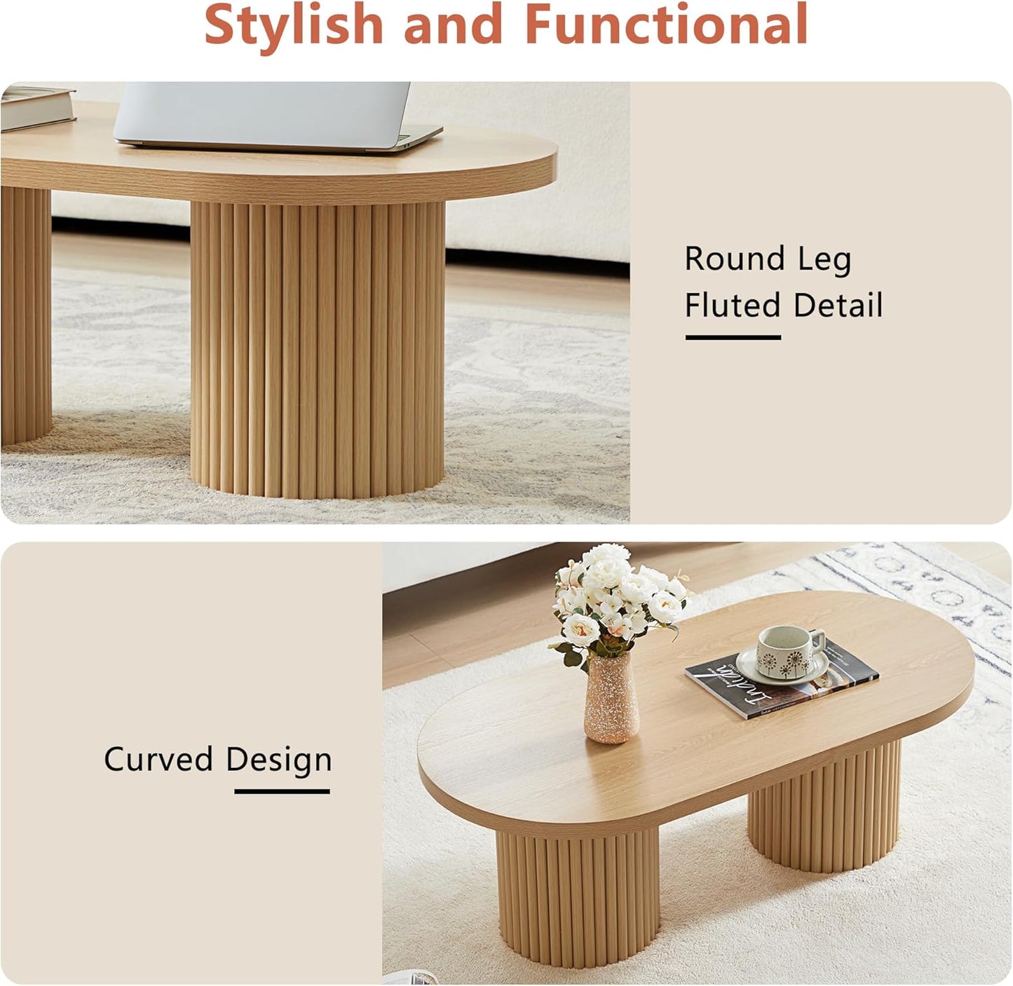 Oval Fluted Coffee Table, Farmhouse Wood Coffee Table Mid Century Modern Center Table Boho Living Room Tables for Living Room Office (Natural, 19.69" D x 39.38" W x 13.78" H)