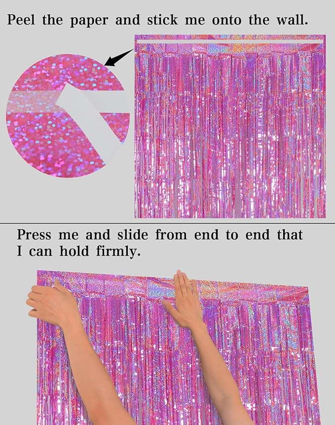 Melsan Hot Pink Foil Fringe Curtains – 3 Pack 3.2 x 8.2 ft Shiny Tinsel Backdrop for Bachelorette Party, Disco Y2K Decorations, Girls Birthday & Photo Booth Backdrop