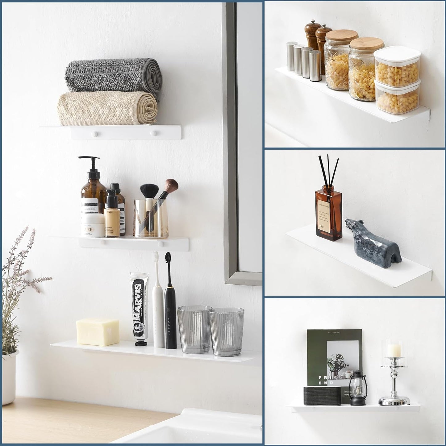 JOOM Small Metal Wall Floating Shelf - Metal Wall Shelf, Black Floating Shelf, Small Bathroom Shelf, Display Shelves for Storage (White, 8 Inch)