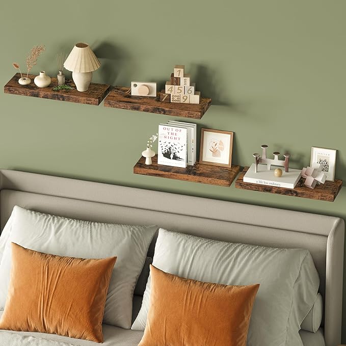 Fixwal 15.8in Wall Shelves, Rustic Wood Finish Floating Shelves Set of 4, Shelves for Wall Decor, with Invisible Brackets for Bathroom, Living Room,Bedroom and Kitchen(Rustic Brown) | Wall Shelves, for Bathroom, Living Room, Bedroom, Kitchen