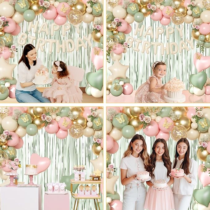 Pink and Sage Green Birthday Decorations, Pink Green Sand White Metallic Gold Foil Confetti Balloons Happy Birthday Banner Gold Butterfly Fringe Curtains Birthday Decorations for Women Girls Teens
