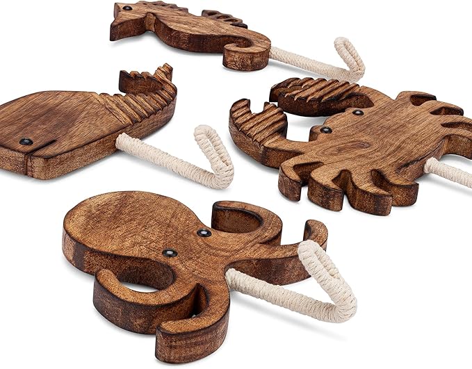 Crane Baby Sea Life Wooden Wall Hooks - Set of 4 Wooden Ocean Nursery Decor Towel Hooks
