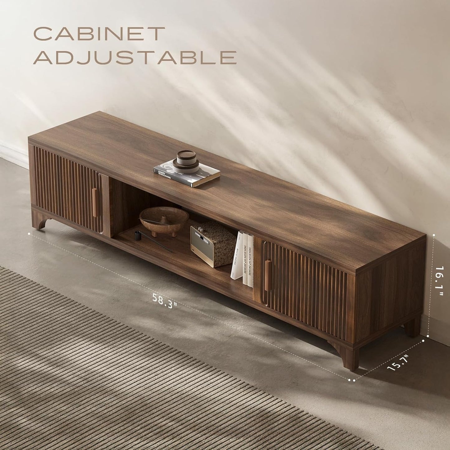Mid Century Modern TV Stand for 55/65 Inches Television Console with Fluted Doors and Storage Entertainment Center for Living Room and Bedroom Dark Brown