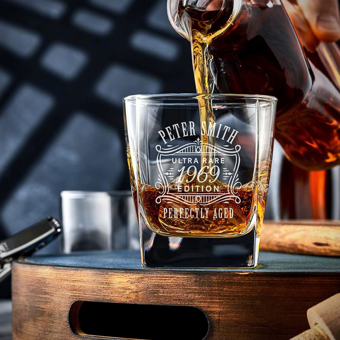 Personalized Bourbon Decanter Set with 4 Glasses by HomeWetBar - Custom Wood Gift Box