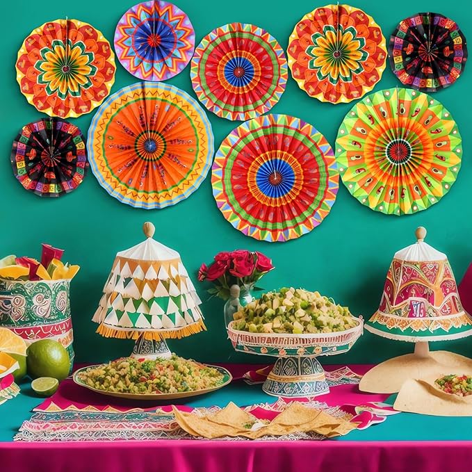 Outus 9 Pcs Mexican Fiesta Hanging Paper Fans Decorations Fiesta Party Supplies Cinco De Mayo Ceiling Wall Decor for Taco Tuesday Event Decor Luau Event Photo Props Carnival Supplies