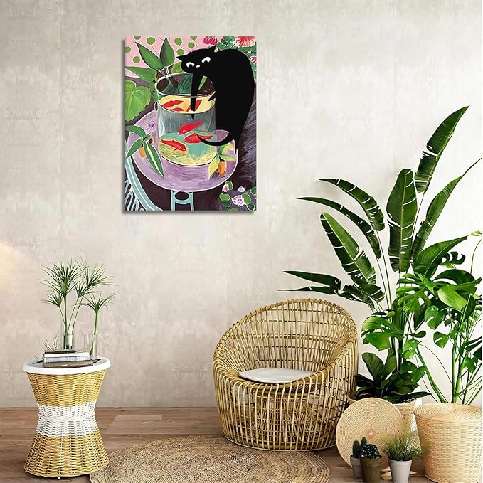 Funny Black Cat Canvas Wall Art, Abstract Kitten Catching Fish Wall Decor, Animal lovers Posters Print Painting for Room Aesthetic Living Room Bathroom Decor 12x16 in Framed