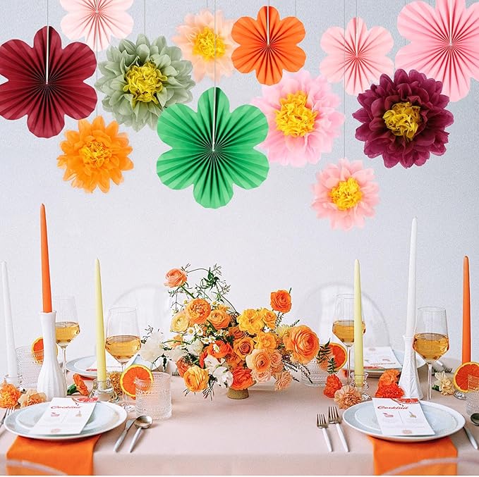 BestoFun 12PCS Tissue Paper Flower Fans – Wine Red & Pink Party Decorations for Birthday, Wedding, Baby Shower, Anniversary, Bridal Shower, Holiday Party