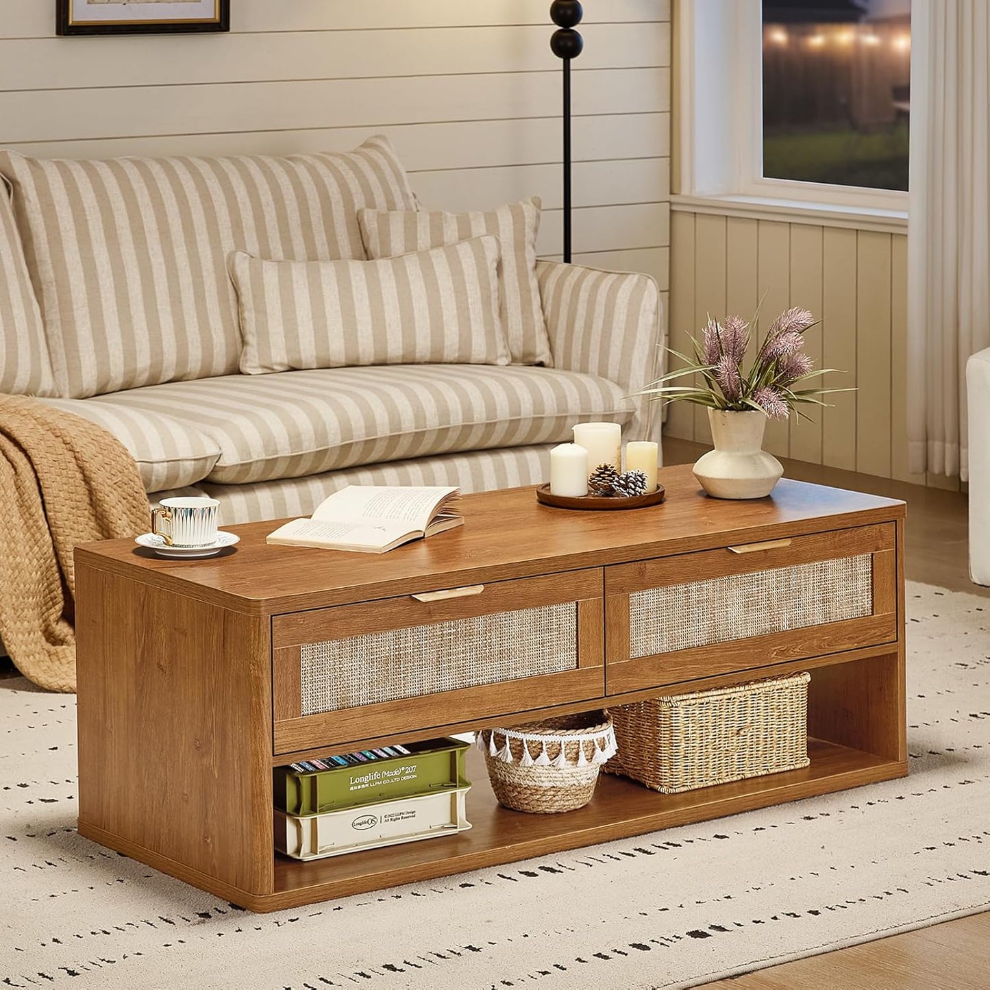 LEYAOYAO Boho Rattan Coffee Table and End Table Sets, 48" Wide Center Tables & 23" Night Stand with 3 Drawers, Brown Wood Coffee Table for Living Room 2 Piece Set