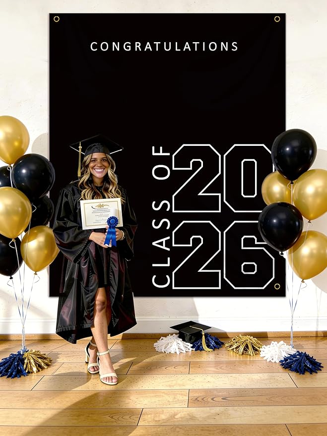 Class of 2026 Graduation Banner 5X6feet - Large CONGRATS GRAD Polyester Banner, Photo Backdrop & Wall Decor for Commencement Party Supplies, Black and White Graduation Party Decorations for High School & College