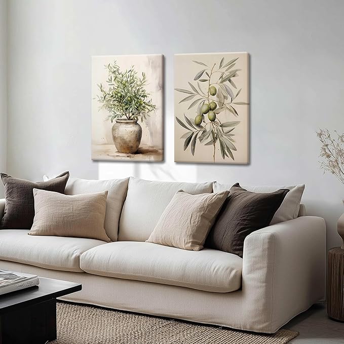 2Pcs Framed Botanical Wall Art Green Olive Branches Poster Print Neutral Farmhous Plant Picture Canvas Painting Wall decor for Living Room Kitchen or Dining Room Decor 16x24IN