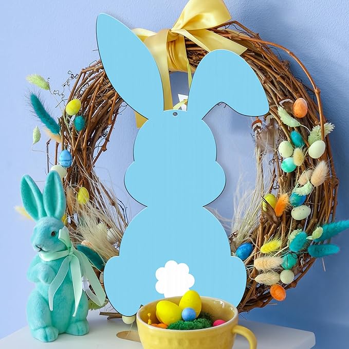 Juweked Easter Bunny Wooden Sign Easter Door Sign with String Easter Decorations Bunny Door Hanger Easter Wall Hanging Easter Bunny Banner Easter Rabbit Decor Easter Party Supplies (Blue)