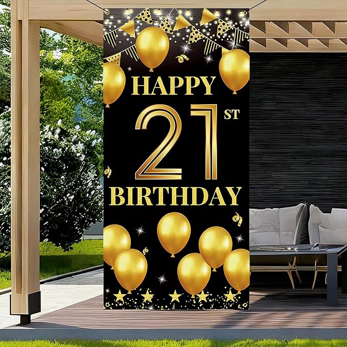 Vicycaty 21st Birthday Decorations for Him & Her, Fabric Happy 21st Birthday Banner Backdrop, 21 Photo Props, Wall Decor, Yard Sign Supplies,Party Decor for Men Women, Black Gold,Indoor Outdoor Use