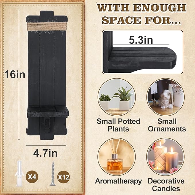 Farmhouse Wall Decor Candle Sconces - 2 Pcs Rustic Gothic Handmade Wooden Wall-Mount Candle Holders for Bedroom Living Room Bathroom Home Hanging Art Decorations Accessories Gifts, Black