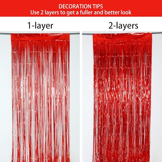 Red Foil Fringe Curtains 3 Pack 3.2 x 8.2 ft Shiny Tinsel Backdrop for Birthday Party Decorations, Photo Booth Background, Red Streamers Decor, Valentines Day