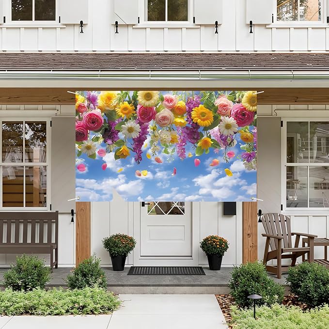 Spring Flower Backdrop 71'' x 43'' Hello Spring Banner Flower Backdrop Decorations for Photography Background Photo Prop Booth Party Decor