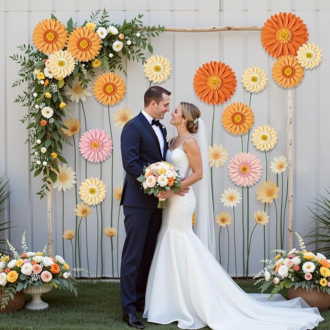 SUNBEAUTY Daisy Party Decorations, Paper Flowers, Party Decorations, Orange Yellow Flowers Wall Hanging, 1st Birthday Bridal Baby Shower Wedding Classroom Tea Party Daisy Décor 10" 8" 5" Pack of 6