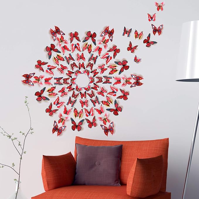 24pcs 3D Vivid Special Man-Made Lively Butterfly Wall Stickers Removable Butterflies Wall Decals 3D Nursery Art Decor for Kids Girls Bedroom Living Room Classroom Party Decoration Red