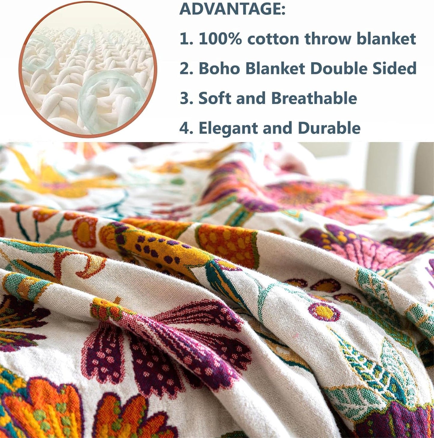 Summer Throw Blanket for Couch Bed Chair, 100% Cotton Muslin Breathable Woven Throws 60''x 80'' Boho Vintage Quilt for All Seasons Warm Lightweight Farmhouse Blankets Home Decoration