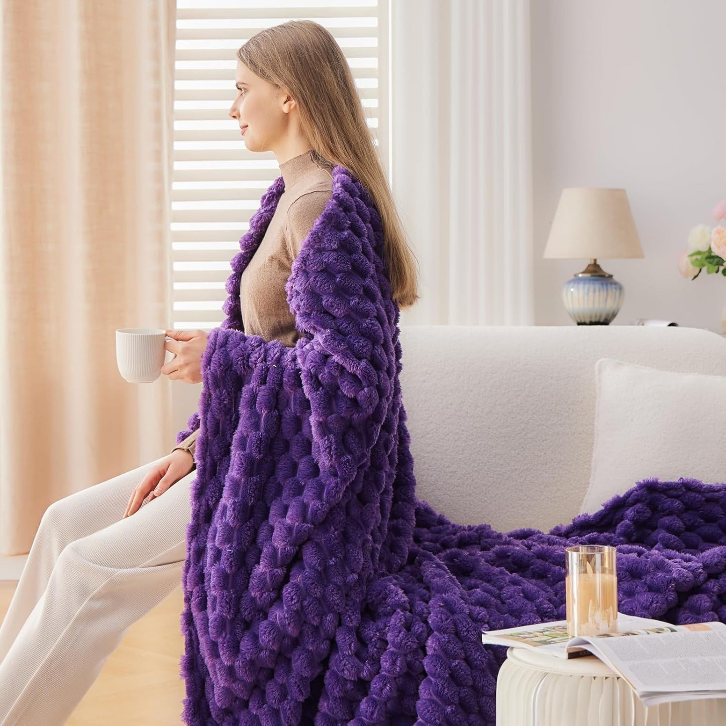 NEWCOSPLAY Super Soft King Blanket Purple Premium Silky Flannel Fleece 3D Clouds Stylish Jacquard Lightweight Bed Blanket All Season Use 350GSM (Purple, King(90"x110"))