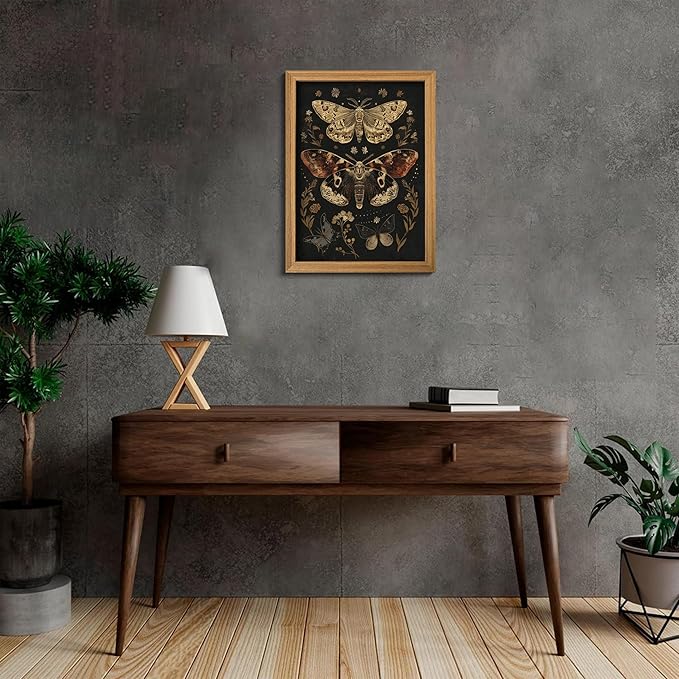 3D Textured Vintage Butterfly Framed Wall Art, Dark Academia Moth Wall Decor Painting, Hand Drawn Sandstone Gothic Moody Insect Artwork Picture for Living Room Bedroom Office 16x24 Inch