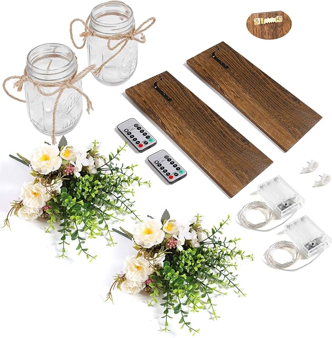 Rustic Wall Sconces Mason Jar Sconces Handmade Wall Art Hanging Design with Remote Control LED Fairy Lights and White Peony, Wall Decor Gift Farmhouse Wall Home Decor Living Room Lights Set of Two