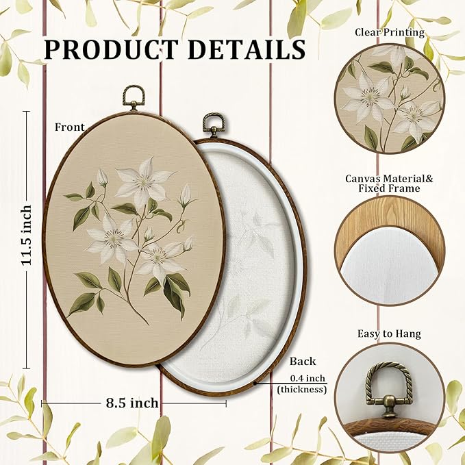JQF Vintage White Clematis Floral Oval Wall Art, Rustic Cottagecore Neutral Floral Oval Canvas Wall Art, Retro Flower Framed Prints Hanging Decor for Home Bedroom Living Room, 8.5x11.5 Inch